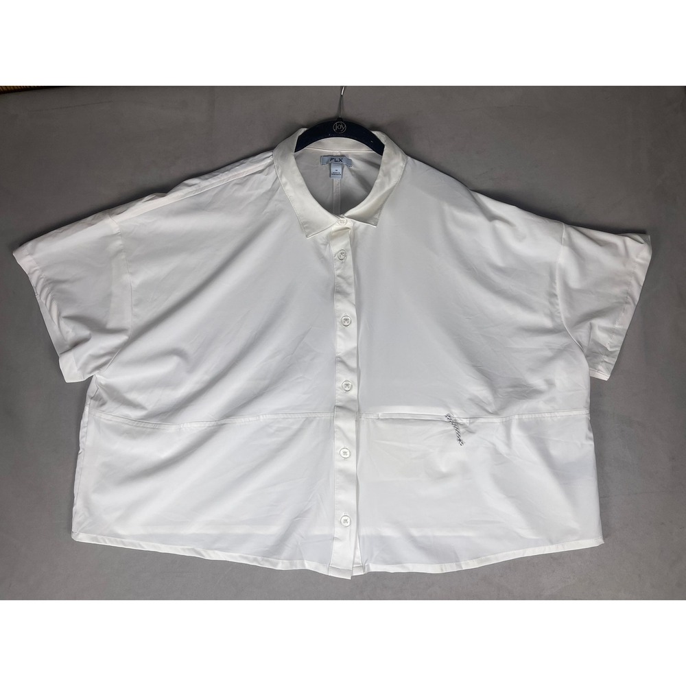 FLX Wander‎ White Short Sleeve Button Down Shirt Oversized Tech Top Womens 1X